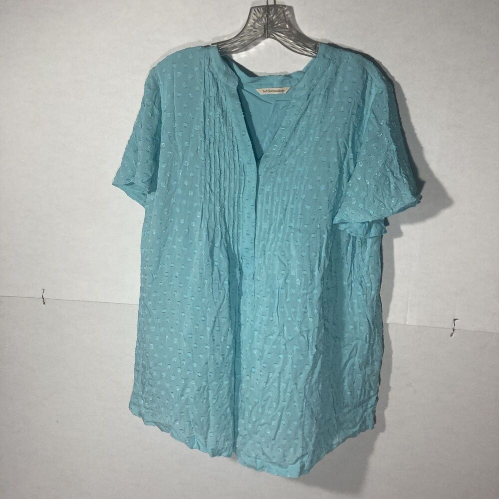 SOFT SURROUNDINGS blue pleated Swiss dots flutter sleeve half button top L